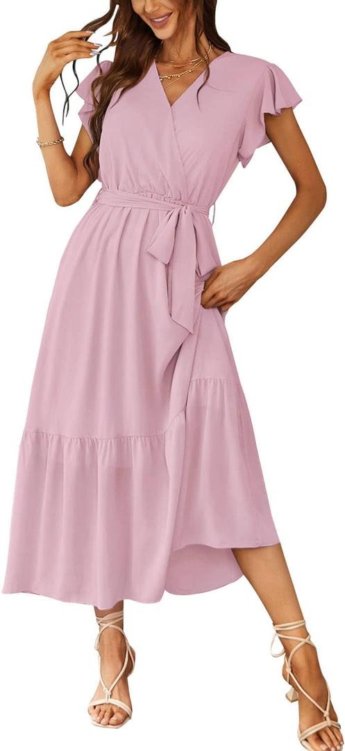 PRETTYGARDEN Women's Summer Floral Boho Maxi Dress Short Sleeve Wrap V Neck Ruffle Long Flowy Beach Wedding Guest Dresses (Pink, S)