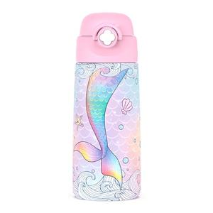 Ntswasd Girls Insulated Water Bottle with Covered Pop-Up Straw,16 oz Kids Cups with Stainless Steel Leak Proof for School Pink（Mermaid）