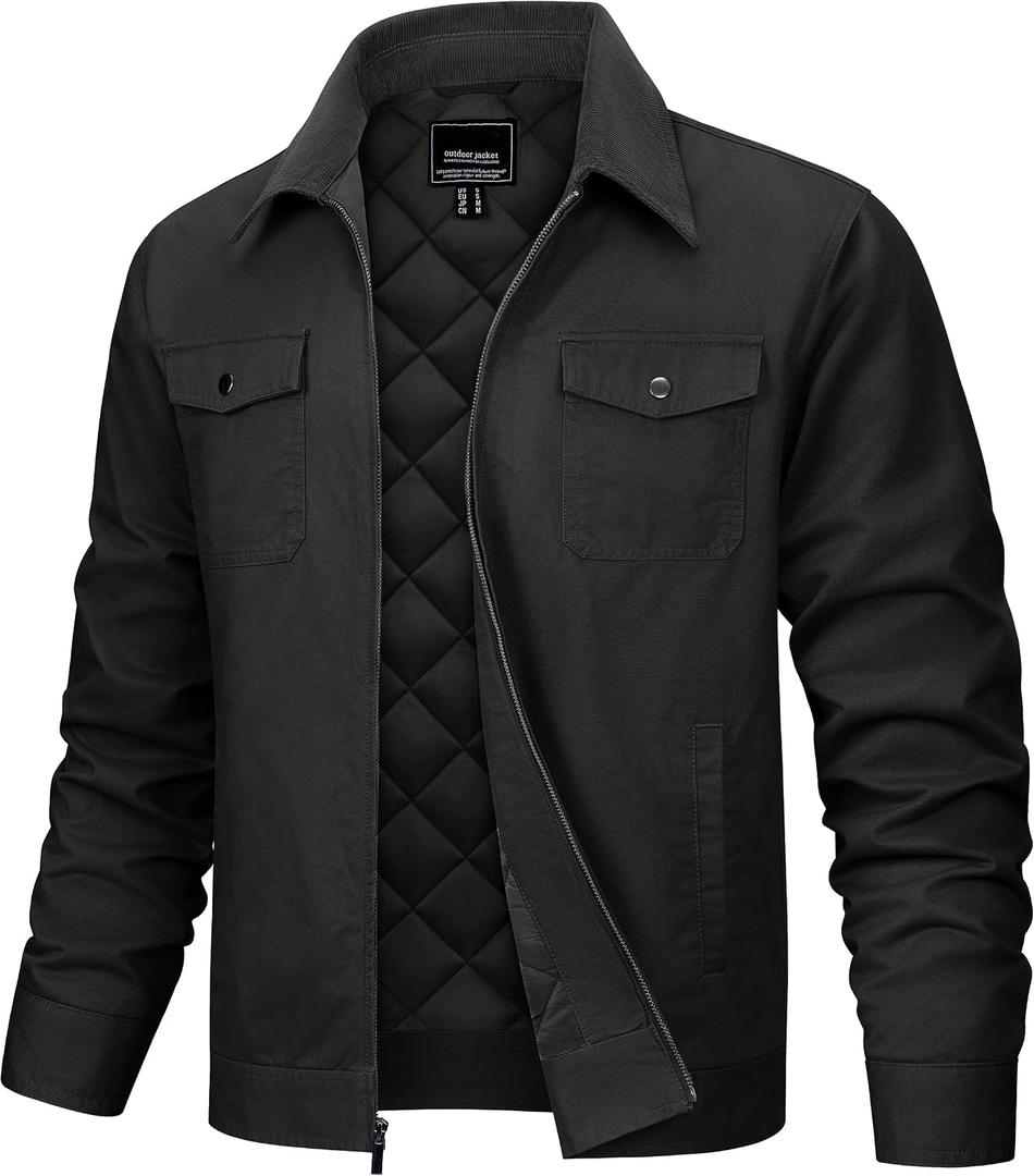 TACVASEN Men's Casual Quilted Cotton Jacket Cargo Corduroy Collar Jacket Work Shacket with 5 Pockets for Fall and Winter, Large, Black