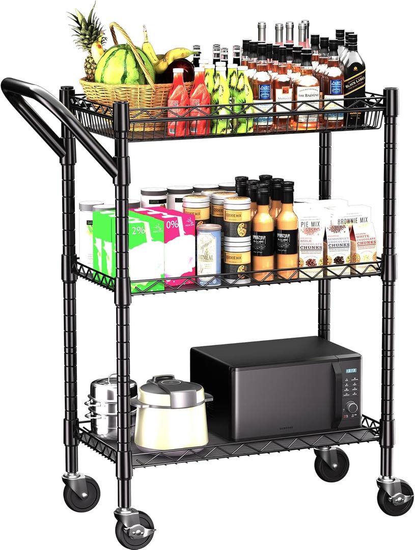 3 Tier Heavy Duty Rolling Utility Cart,18" D x 23.8" W x 36.6" H Rolling Carts with Wheels,Commercial Grade Metal with Handle Bar & Shelf Liner,Trolley Serving Storage Cart for Kitchen Black