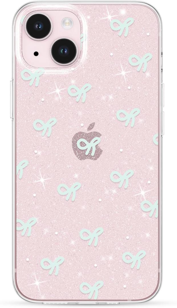 ZTOFERA for iPhone 14 Plus/15 Plus Case Glitter,Cute Clear Ribbon Bow Tie Aesthetic Phone Case,Sparkly Bling Trendy Soft Shockproof Protective Phone Cover for Women Girls,Light Pink