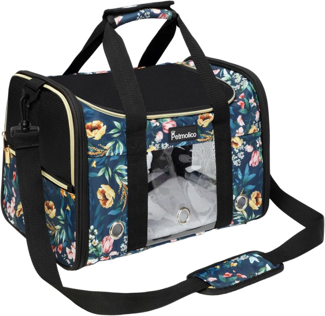 Petmolico Cat Carrier Soft-Sided Pet Bag,  Cats Puppies 16LBs - Airline Approved Pet Travel Carrier 3 Open Doors (Medium,Green Peony)