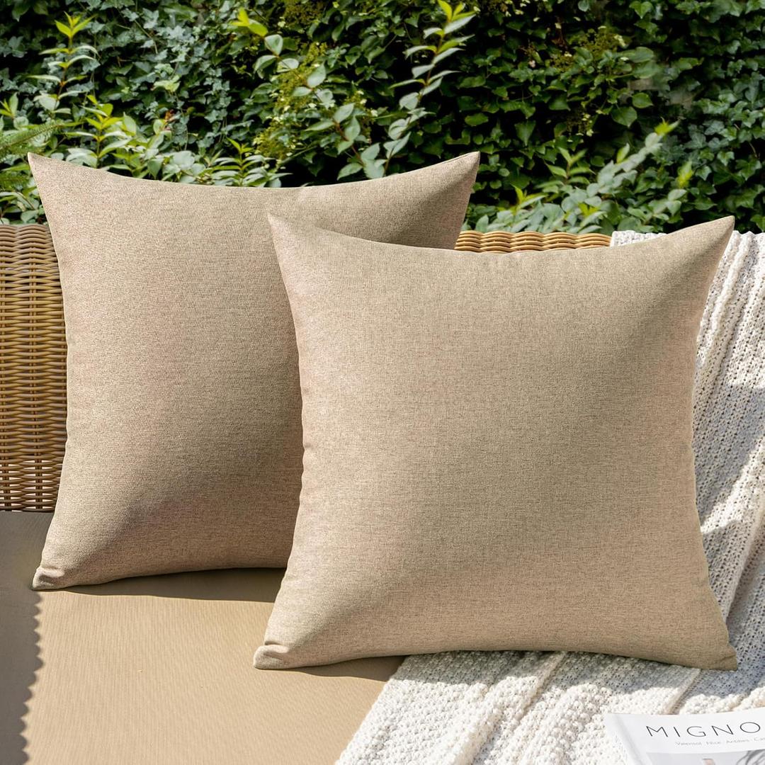 MIULEE Pack of 2 Decorative Outdoor Solid Waterproof Throw Pillow Covers Faux Linen Garden Farmhouse Cushion Cases for Patio Tent Balcony Couch Sofa 20x20 Inch Light Tan