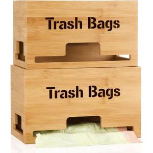 Kathfly 2 Pcs Bamboo Trash Bag Holder Dispenser Stackable Garbage Bag Dispenser, Large and Small Size Trash Organizer for Farmhouse Kitchen Laundry Under Sink, Wall Mounted or Freestanding