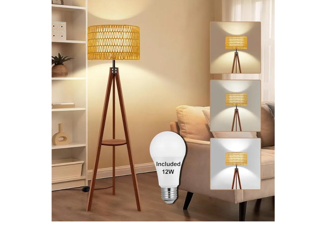 Vinaco Boho Tripod Floor Lamp with Shelf, Double Lampshades Mid-Century Standing Lamps, 3 Color Temperatures Wicker Floor Lamp, Foot Switch Rattan Tall Lamps for Bedroom, Living Room, Office