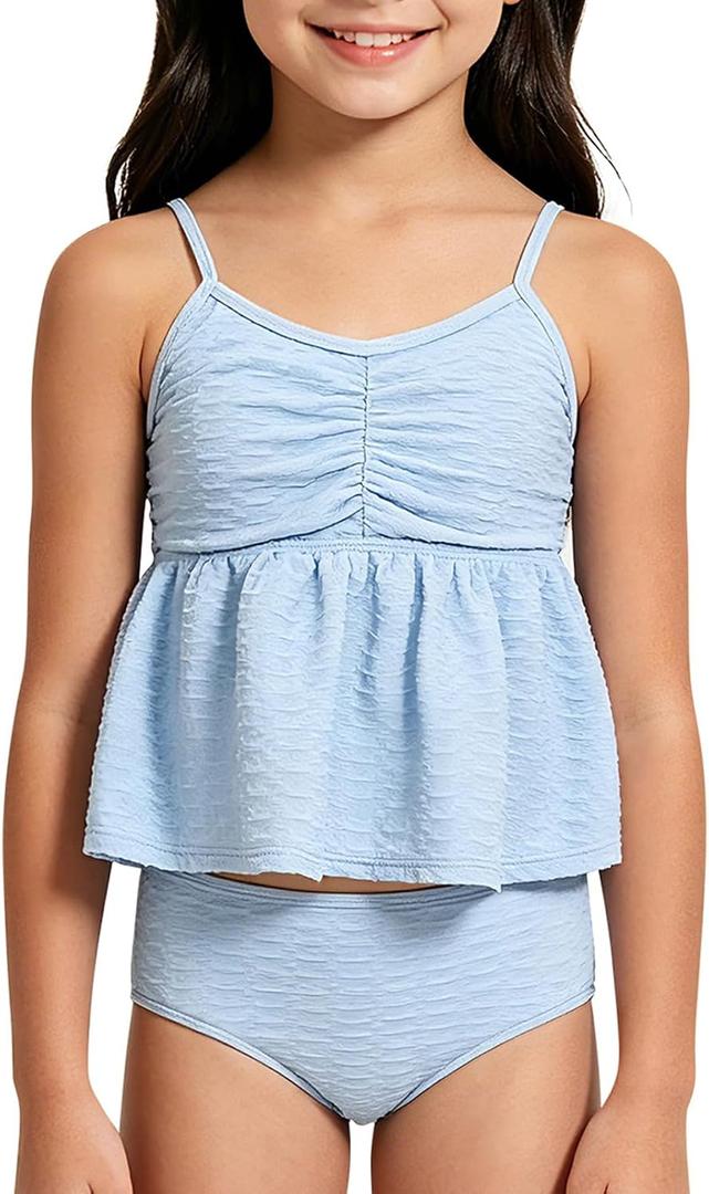 Girls High Waisted Ruffle Tankini A-Line Skirt Top Swimwear Quick-Dry Bathing Suits for Girl Solid Blue Size 10Y (Blue)