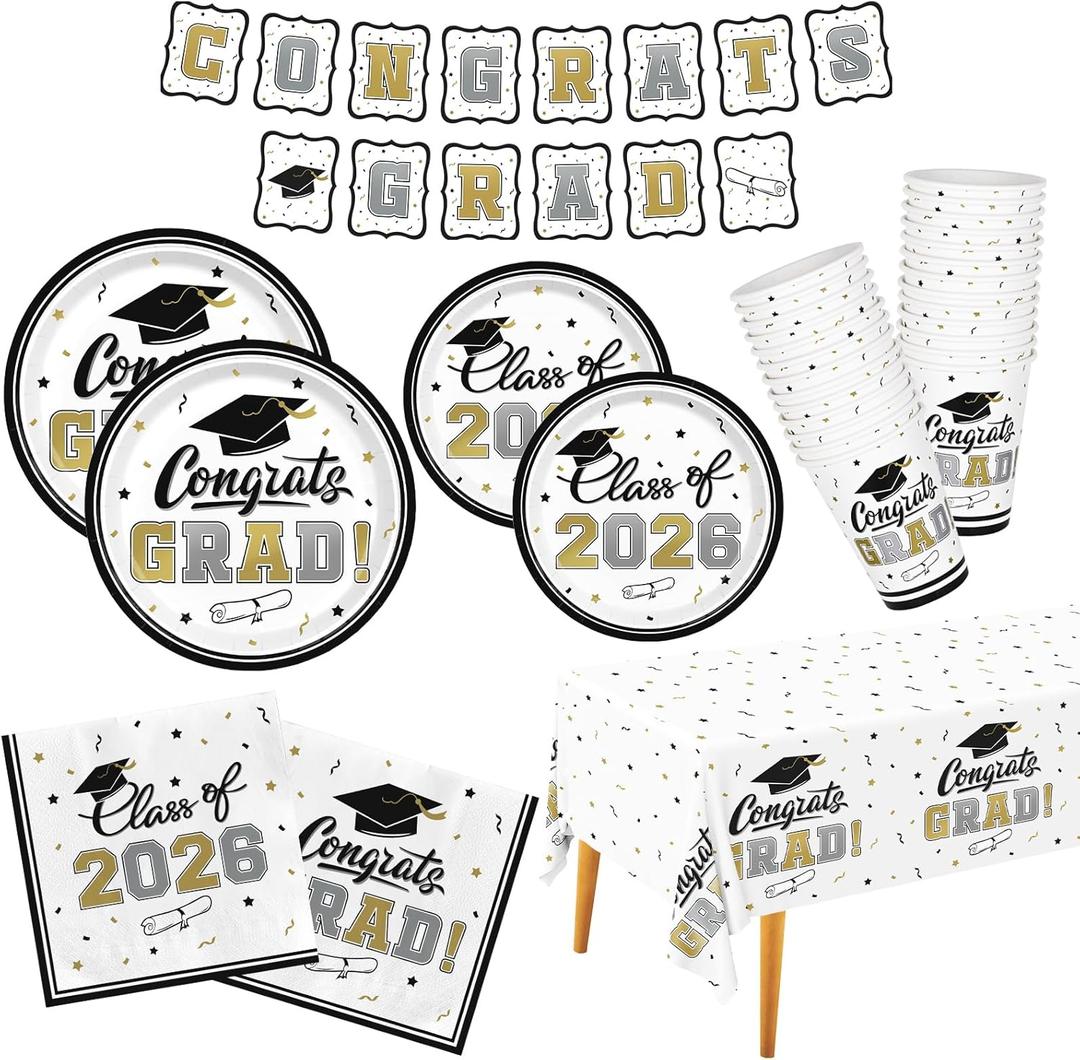 Graduation Decorations Class of 2026 Congrats Grad Party Dinnerware Set White and Gold Disposable Paper Plates Napkins Cups Tablecloth Banner for Gatherfun Decorations 2026 , Serve 25