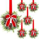 Hausse 6 Pcs Christmas Wreath, 12" Christmas Mini Wreaths for Cabinets with Red Bows, Artificial Small Xmas Wreaths Hanging Decoration Garlands for Kitchen Window Farmhouse Chair Wall Front Door