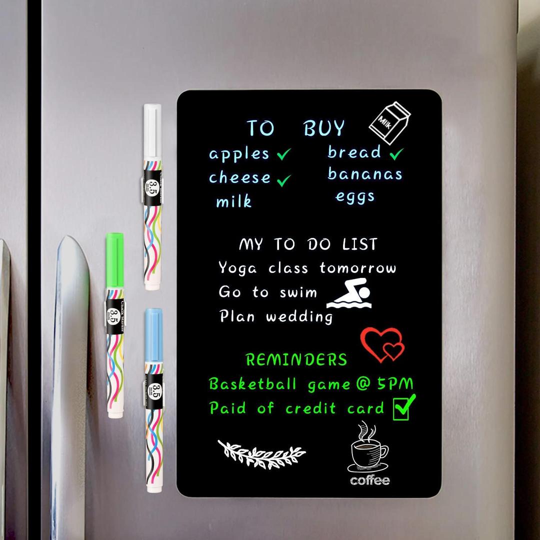 Magnetic Black Dry Erase Board Sheet 12" x 8" for Fridge, Easy to Read with 3 Bright Colors Chalk Markers, Small Refrigerator Magnet Whiteboard for Family Planner Grocery List