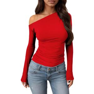 Women's Sexy Off The Shoulder Tops Long Sleeve Spring T-Shirt Slim Fitted Solid Y2K Going Out T Shirts Top Y01 (Medium, Red)