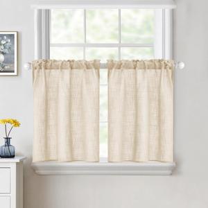 MIULEE Cafe Curtains 24 Inch Length Half Window Curtain Semi Sheer Farmhouse Short Linen Drapes for Kitchen Bathroom Basement Small Window, Rod Pocket Tier Curtains 2 Panels W26"xL24", Linen