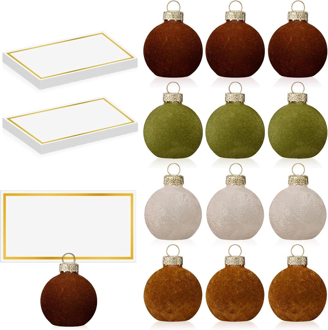 Nitial 12 Pcs Velvet Christmas Ornament Place Card Holders and Name Cards Set for Table Setting 1.57'' Glass Green Cream Tan Brown Table Number Sign Photo Picture Holder for Xmas Holiday Party Decor