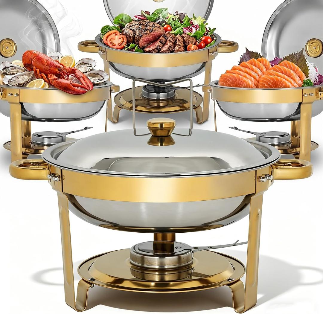 4 Pack 5QT Chafing Dishes for Buffet, Round Stainless Steel Chafing Dish Set, Stainless Steel Food Warmer Ideal for Family Gatherings, Parties, Weddings and Catering Events, Stackable Design (Gold)