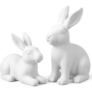 Set of 2 White Frosted Rustic Easter Bunny Figurines - Distressed Resin Rabbit Statues for Farmhouse Home Decor - Vintage Spring Bunny Ornaments for Tabletop, Mantel & Shelf Display