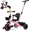 KRIDDO 2-in-1 Tricycle for Toddlers 1.5-5 Years, Push Tricycle with Parent Steering Detachable Handle, 9-Stage Adjustable Handlebar, Toddler Trike with Safety Belt, Clutch Pedals & Dual Basket, Pink