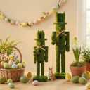 Weysat 2 Pcs Flocked Easter Nutcracker Figure Wooden Moss Nutcracker Figures with Straw Woven Bow Easter Ornament for Festival Party Gift Shelves Table Desktop Fireplace Decor, 10inch, 15inch