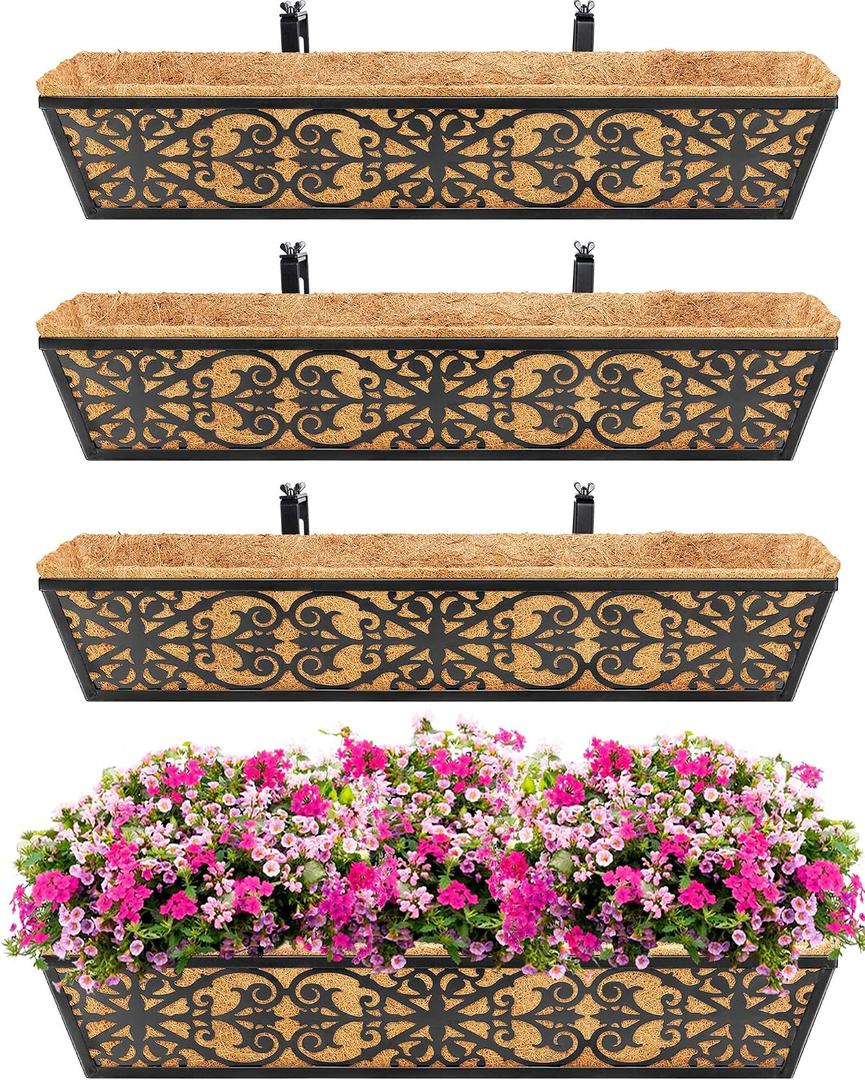 4 Pack 30 Inch Window Boxes Planters Railing Planter Box with Adjustable Brackets & Coco Liners Fabric Plant Grow Bags Deck Railing Planter Boxes Balcony Hanging Flower Box for Outdoor Plants