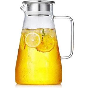 Hwagui - Large Heat Resistant Glass Pitcher with Stainless Steel Lid, Water Carafe with Handle, Good Beverage Pitcher for Homemade Juice and Iced Tea, 1800ml/61oz