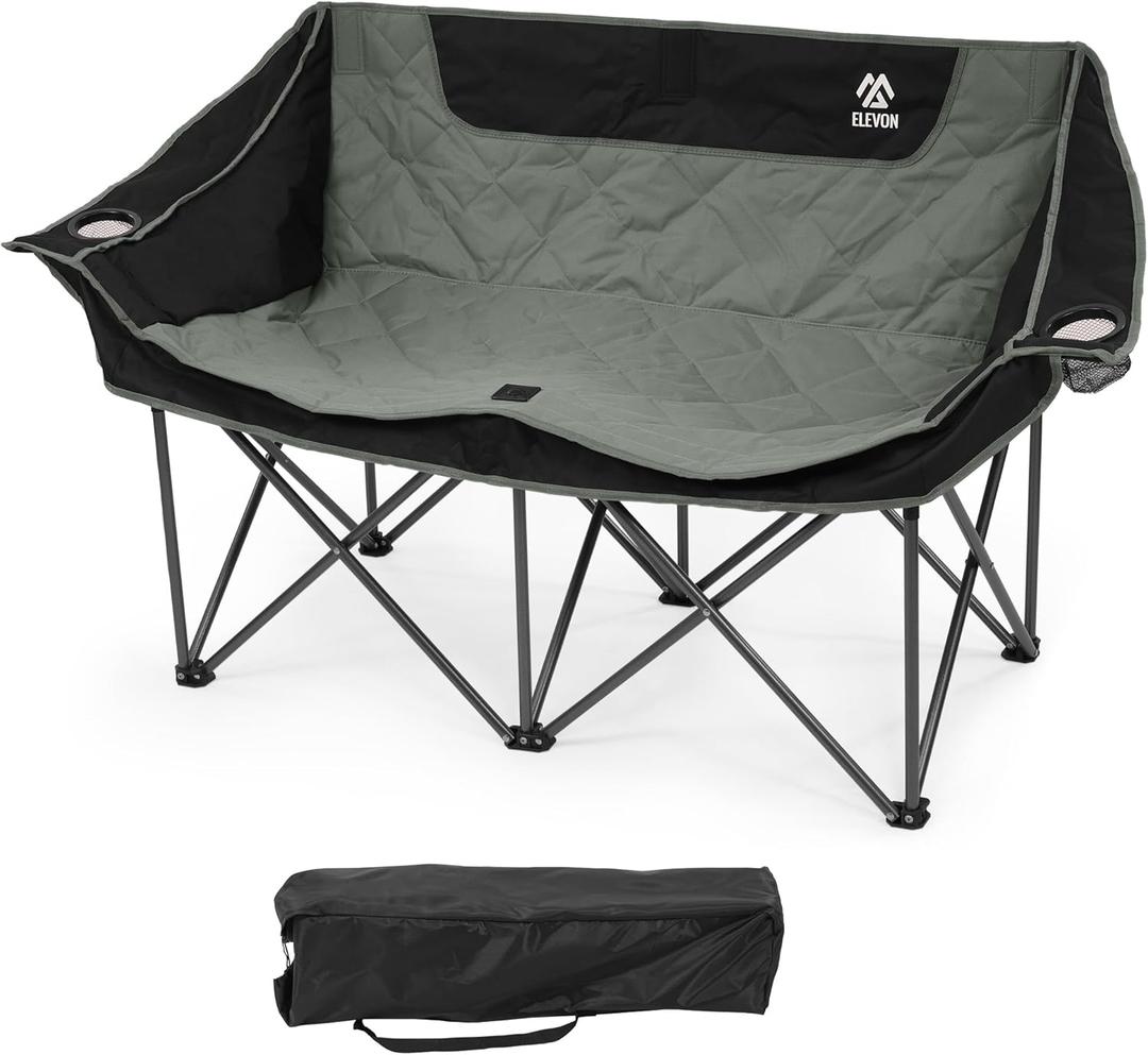 Camping Chair, Oversized Loveseat Double 2 Person Outdoor Chair with Arms, Cup Holder and Carry Bag, Heavy-Duty Collapsible Chair for Outside,Black/Gray