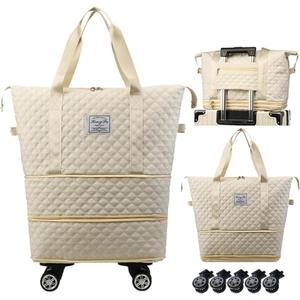 Expandable Foldable Wheeled Travel Duffle Bag - Detachable Rolling Wheels Carry On Gift (White)