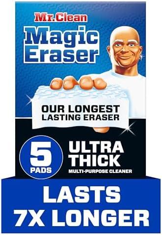 Mr. Clean Magic Eraser Sponge, All Purpose Cleaner, Long Lasting Cleaning Scrubber, Wall Cleaner, Sneaker Cleaner, Oven Cleaner, Kitchen, Bathroom, Shower Cleaning Supplies, Ultra Thick, 5ct