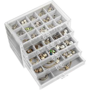 5 Drawers Clear Jewelry Box for Women and Girls, Acrylic Earring Holder Organizer Ring Holder Display Storage, Gray