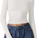 QINSEN Womens Mock Neck Long Sleeve Shirt Double Lined Basic Tees Side Ruched Going Out Crop Tops (Large, White)