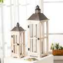 TIMRIS Large Rustic Wooden Decorative Lantern Set of 2, Modern Farmhouse Distressed Whitewash Floor Candle Lanterns, Indoor/Outdoor Hanging Lanterns for Home Decor (No Glass)