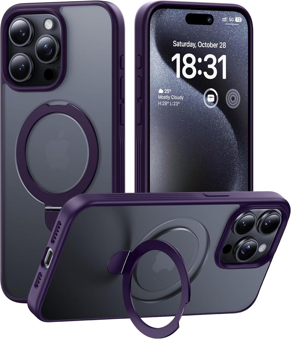 CellEver Strong Magnetic for iPhone 15 Pro Case with Ring Stand [Military Grade Drop Tested] [Compatible with MagSafe] Slim Translucent Matte Phone Case (6.1") - Deep Purple