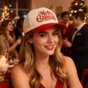 Qoyupuza Two-Tone Merry Christmas Embroidery Dad Hat - Eco-Friendly Degradable Snapback, Unisex Xmas Holiday Cap (Red/Beige)