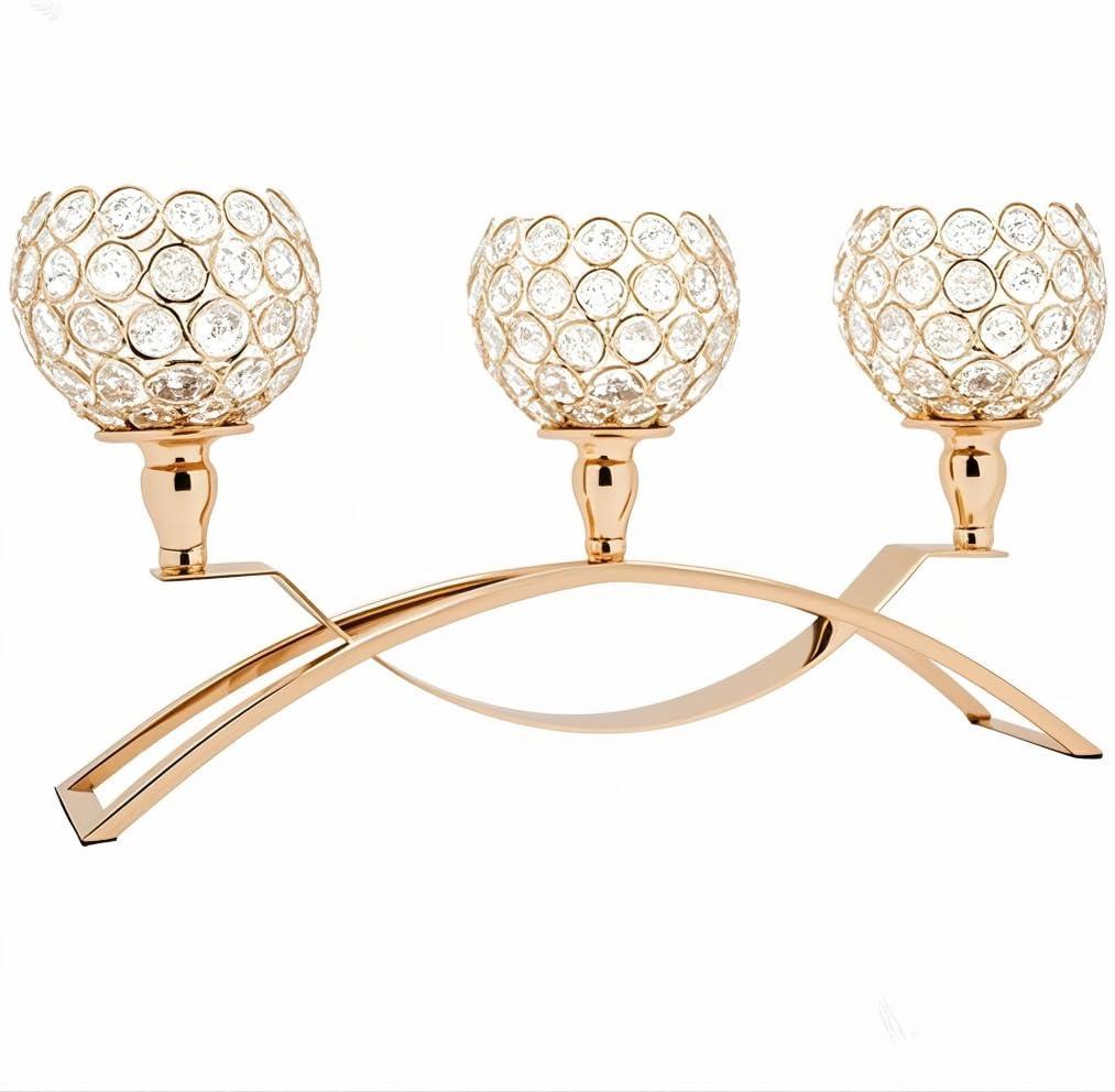 Vidisan Crystal Candle Holders,3 Arms Table Candelabras, Buffet Cabinet Candelabra Ornaments Table Centerpieces for Wedding, Home Decor, Thanksgiving, Christmas Decorations (Gold)