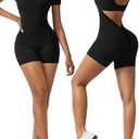 OEAK Short Sleeve Jumpsuit Workout for Women Square Neck One Piece Backless Tummy Control Bodycon Scrunch Butt Yoga Rompers Size L