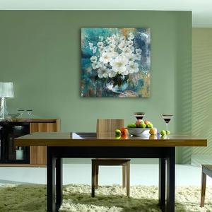 Anolyfi Bathroom Botanical Florals Prints Wall Art Rustic White Flowers Plants Canvas Painting Teal Picture Abstract Artwork Framed for Nursery Bedroom Living Room Kitchen Office Home Decor 20"x20"