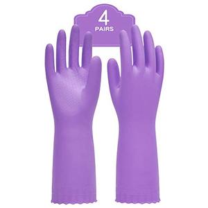 PACIFIC PPE 4 Pairs Reusable Dishwashing Cleaning Gloves with Latex Free, Cotton Lining, Kitchen Gloves, Purple, Small