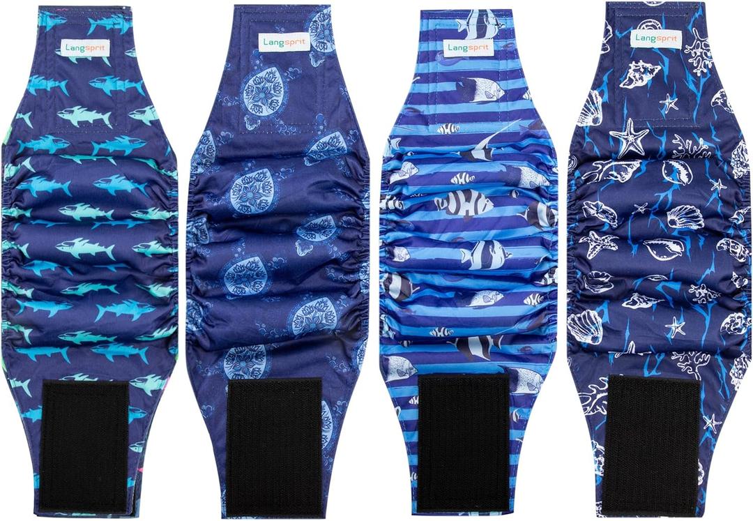 Male Dogs Diapers Belly Bands(4Pack), Washable Reusable Male Boy Doggy Wraps Panties for Doggie Puppy Pooping Potty Training Incontinence Marking Paal para Perro Small (Small (11"-14"), Sea ShellTortoiseSharkFish)