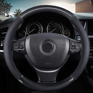 KAFEEK Classic Carbon Fiber Steering Wheel Cover, Universal 15 inch, Breathable Microfiber Leather, Black (Standard size[14 1/2''-15''])