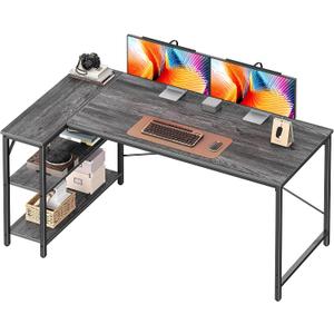 Huuger L Shaped Desk, 55 Inches Computer Desk with Reversible Storage Shelves, for Gaming Corner Home Office Writing Study, Metal Frame, Gray