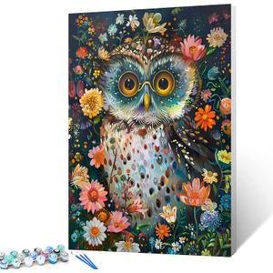 Tucocoo Joyful Owl Wear Glasses Paint by Numbers Kits with Brushes and Acrylic Pigment on Canvas Painting for Adults, Abstract Animal Flowers Picture for Home Wall Decor Gifts 16''x20'' (DIY Framed)