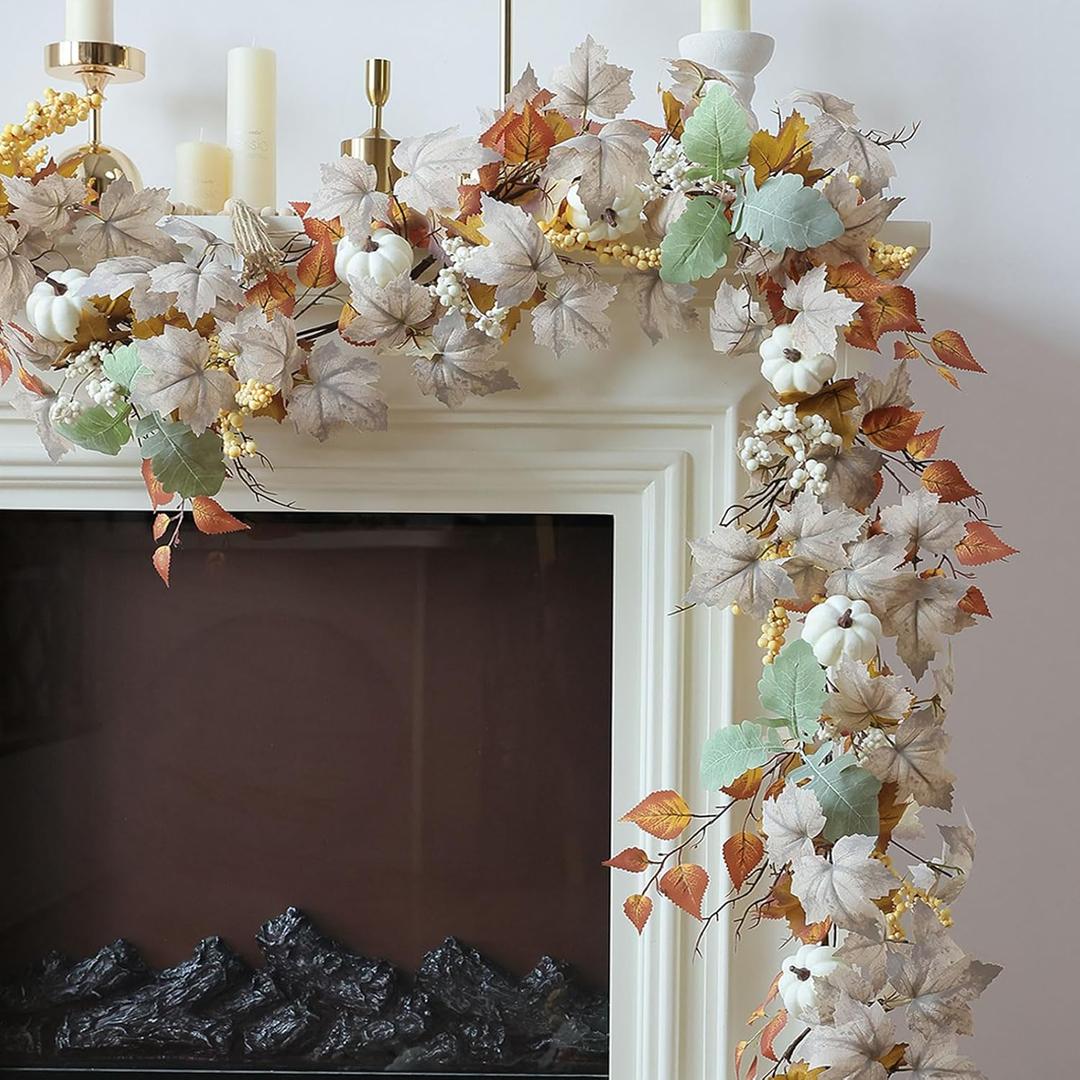 MIZII Fall Decor Artificial Maples Leaf Pumpkin Garland 6FT Autumn Maple Vines Garland Thanksgiving Halloween Harvest Decorations for Home Porch Mantle Fireplace Farmhouse Outdoor Indoor (6FT,Fall)