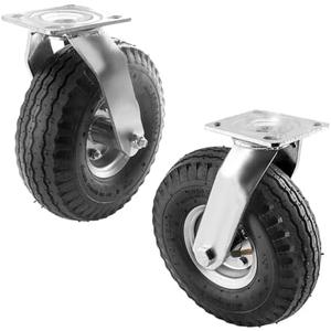 (2 Pack) RRQ 10 Inch Caster Wheels, Pneumatic Swivel Caster Wheels with Zinc Top Plate 360 Degree Rotation for Cart, Dolly, Trolley, Workbench and Wagon, Black Rubber Wheels, 600 Lbs Total Capacity