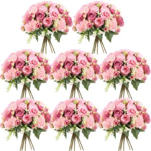 Geosar 8 Bundles Artificial Peonies Flowers Fake Silk Peony Bouquet Faux Peonies Flowers Bulk for Decoration Vase Floral Arrangements Wedding Party Table (Russet Red,Light Pink)