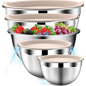 DUTZUN Stainles Steel Mixing Bowls with Lids Set, Stackable Metal Mixing & Serving Bowl with Strainer, 5-Piece - Beige