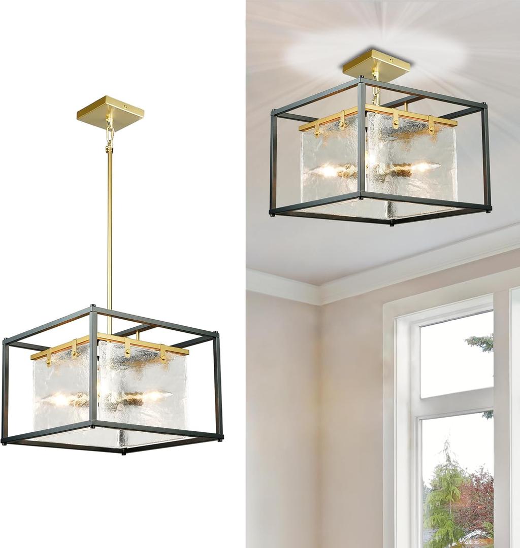 IKK Modern Semi Flush Mount Close to Ceiling Light for Dining Rooms, Black L15 Elegant Textured Glass Chandeliers, Farmhouse Chandelier Light Fixture for Kitchen Island, Living Room, Foyer. E12*4.