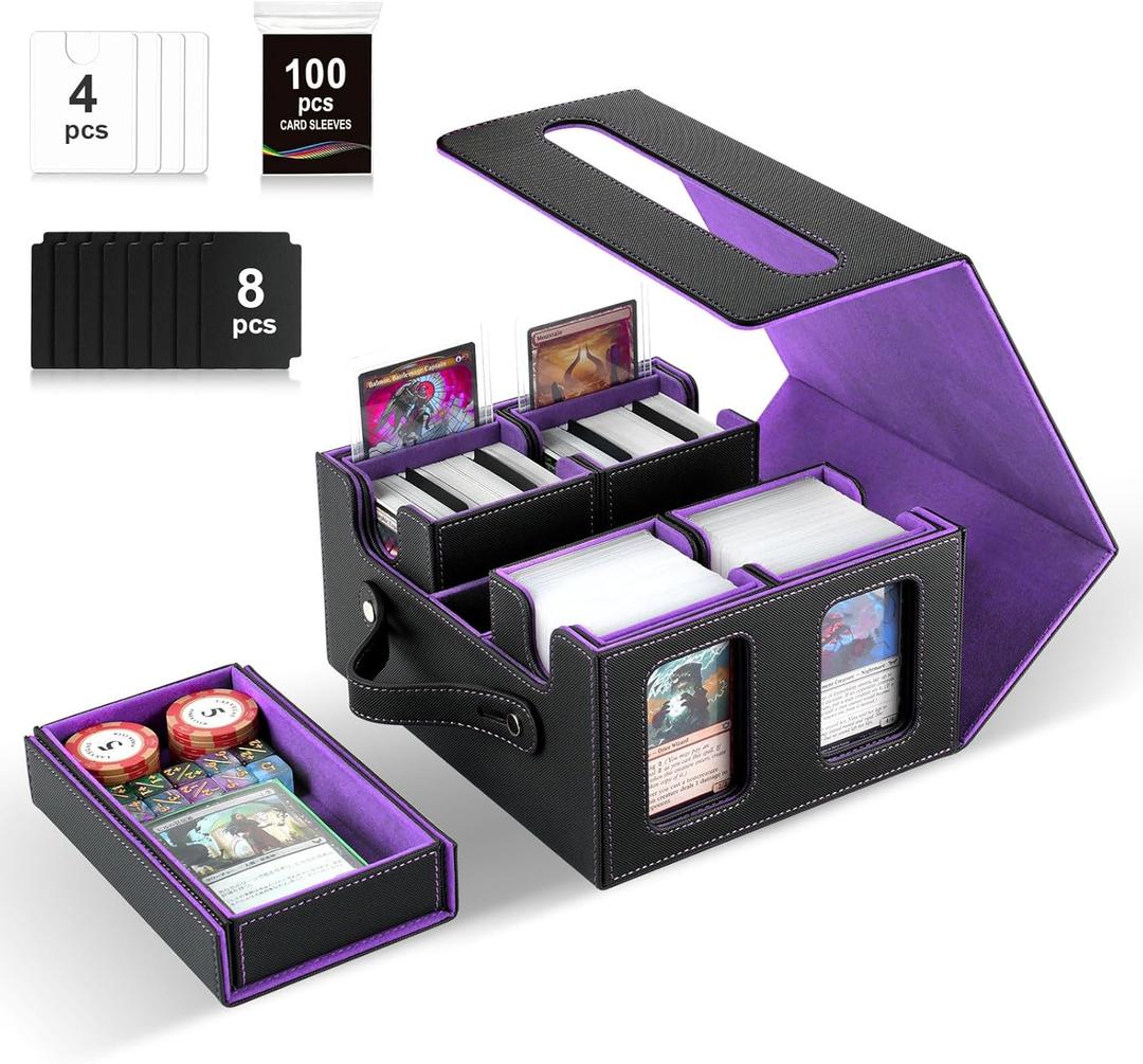 Commander Deck Box for MTG,Card Storage Box Fits 400+ Double-Sleeved Cards,5 in 1 Removable deck Case with Display Windows,for TCG/PTCG/EDH(Black & Purple)