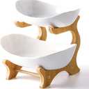 2 Tier Ceramic Fruit Bowl With Bamboo Wood Stand for Kitchen Counter,Porcelain Fruit Basket for Vegetable Storage,Snack Dessert Cake Tray Plate Rack for Party Wedding - White