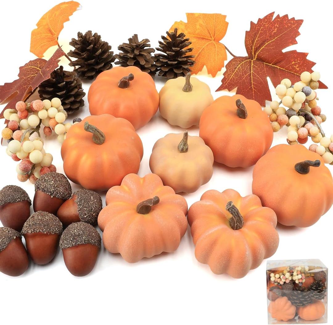 22 PCS Pumpkin Decor - Fall Decorations Plastic Pumpkins for Autumn Decorating Kit Halloween Thanksgiving Party Supplies (Style-4 22pcs)