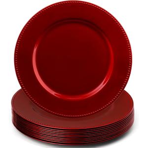 Okllen 12 Pack Plastic Round Charger Plates, 13" Red Beaded Charger Plates Decorative Dinner Chargers, Embossed Charger Serving Plates for Wedding, Catering Event, Tabletop Decor