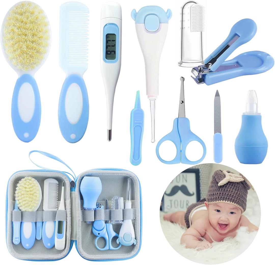 Baby Care Kits,Baby Grooming Kit,10 in 1 Newborn Essentials Must Haves,Baby Nail Clippers Baby Brush Baby Comb Earpick Nose Cleaning Tool Baby Nail File Nursing Baby Kit Blue