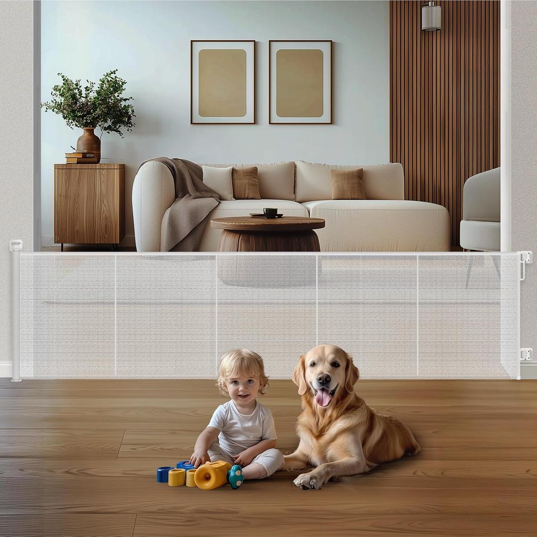 HOMEAL 120inch Retractable Baby Gate Extra Wide, Large Openings Safety Baby Gate, Long Retractable Mesh Dog Gate for Stairs, Doorways, Hallways, Indoor, Outdoor(White, Width Up to 120")