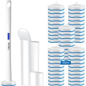 KOKL Disposable Toilet Brush, Toilet Bowl Cleaner Brush with 50PCS Toilet Brush Refills, Toilet Cleaner Refill Pads, Disposable Toilet Bowl Brush and Storage Caddy for Bathroom Cleaning(1-Set)
